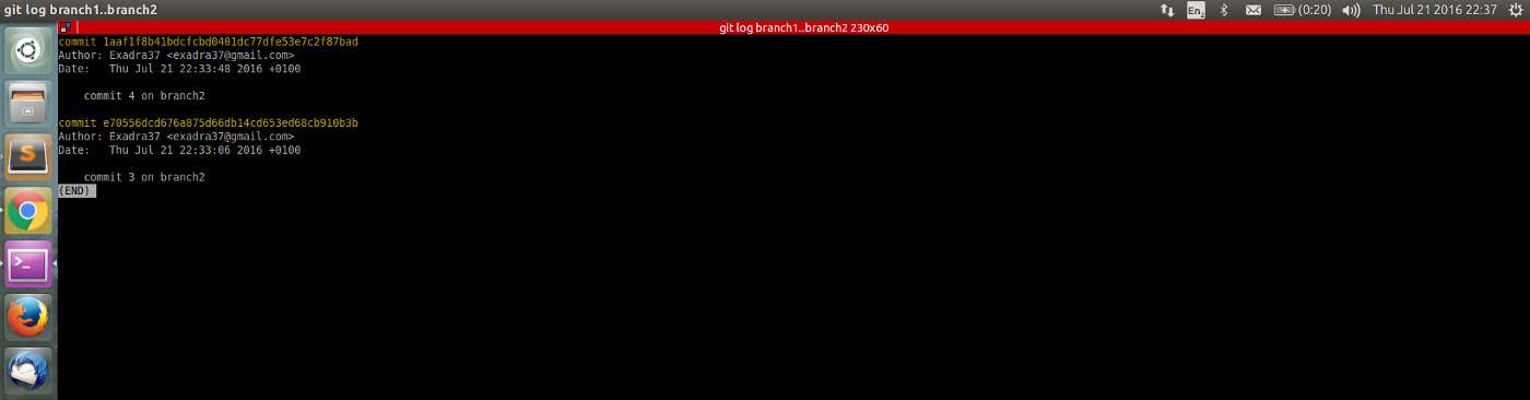 git log shows commits difference between branch 1 and branch 2