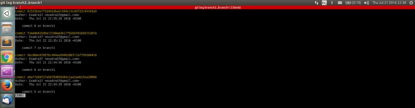 git log shows commits difference between branch 2 and branch 1